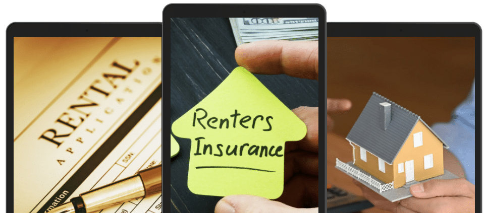Graphic of three tablets, center tablet says Renters Insurance